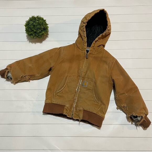 Carhartt Destroyed Distressed Brown Tan Full Zip Hooded Jacket Coat Boy XS‎ - Picture 1 of 14